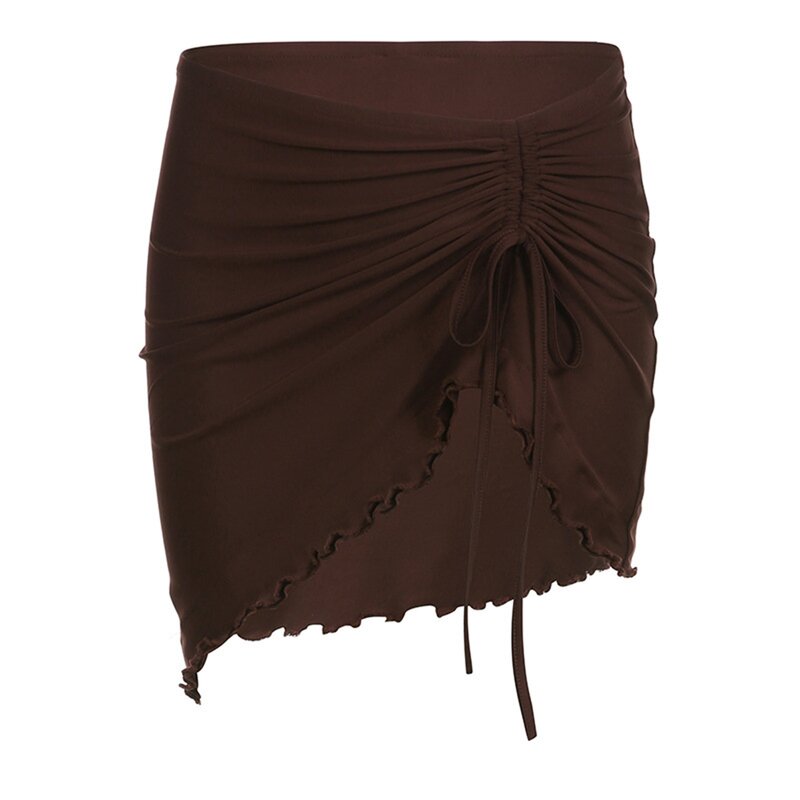 Damska seksowna mini spódniczka ze sznurkiem Vintage brązowa marszczona fałdy obcisłe krótkie spódniczki Retro plaża wakacyjna spódnica odzież damska