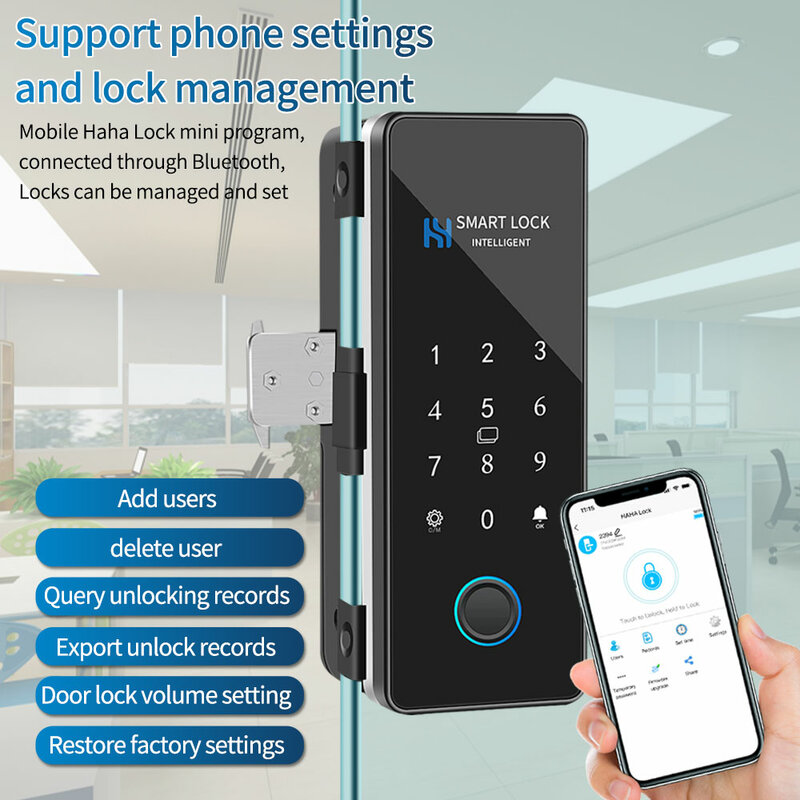 Smart Phone Hahalock APP serratura per impronte digitali Bluetooth porta scorrevole in vetro Smart Lock serratura elettronica per schede IC con registrazione delle presenze