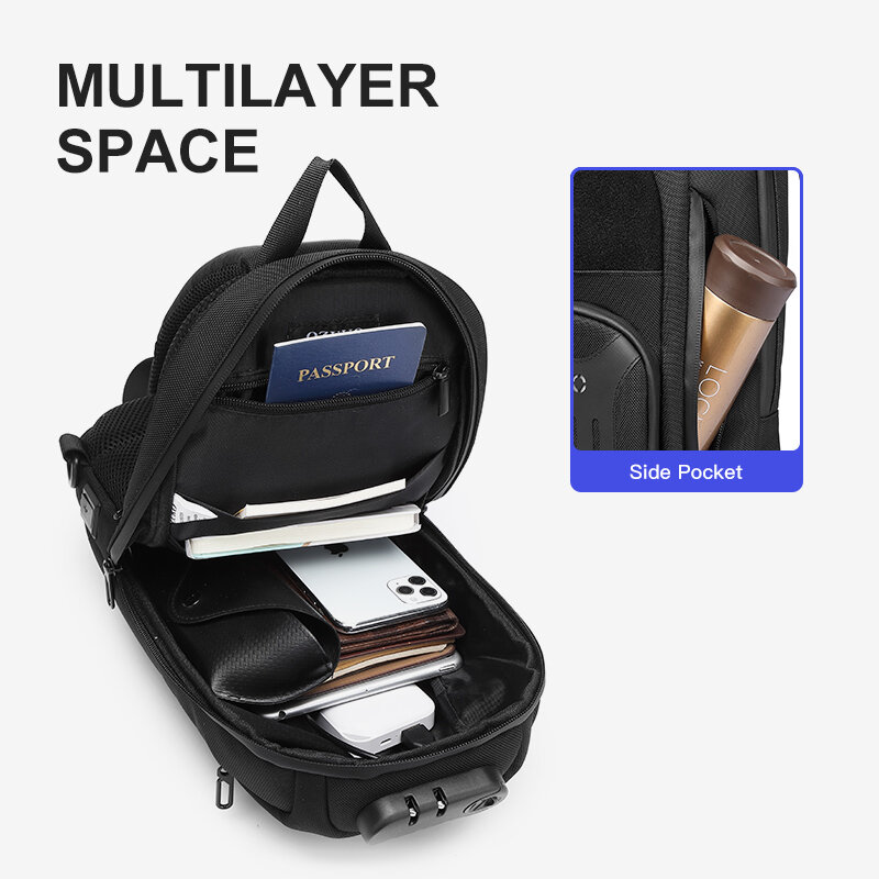 OZUKO 남성용 도난 방지 숄더백, USB 충전 슬링 메신저 백, 여행 방수 크로스바디 백, 가슴 가방