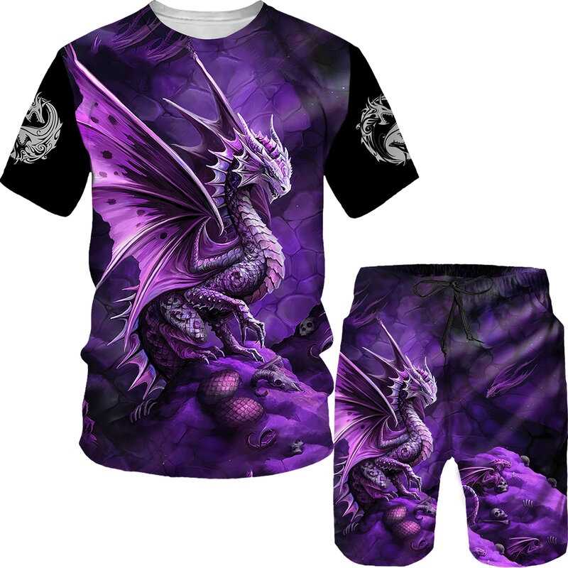 Костюм спортивный мужской с 3D-принтом дракона, модная футболка и шорты, комплект из футболки и брюк оверсайз с коротким рукавом, летняя одежда