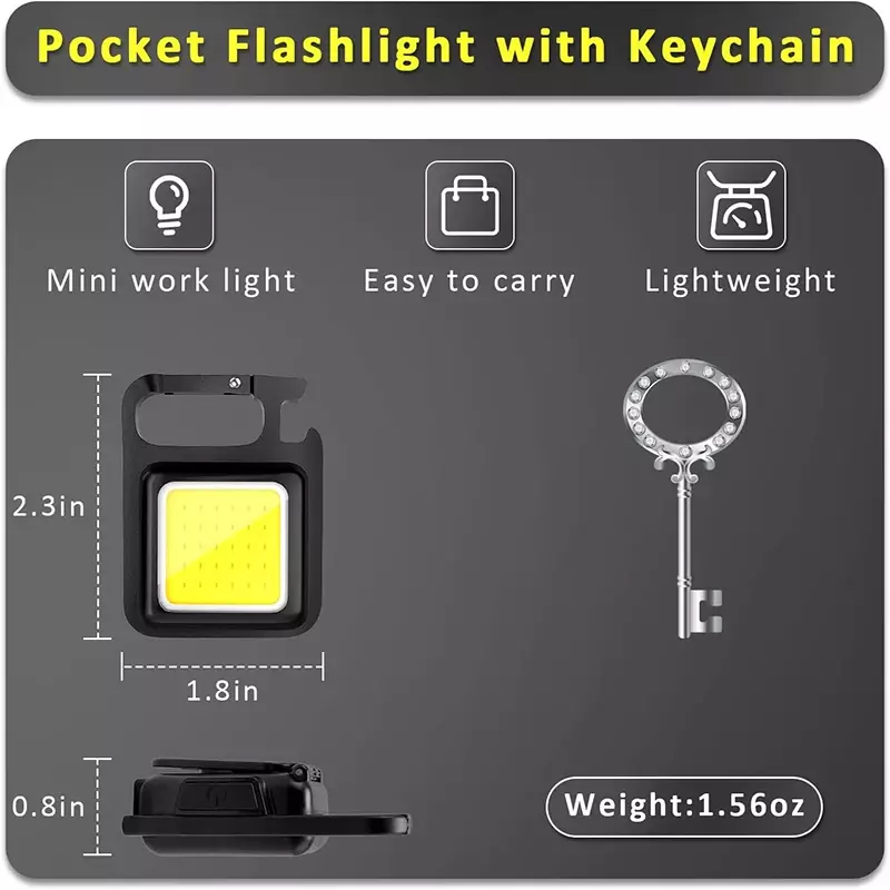 COB Keychain Work Light Emergency Keychain Flashlights with Folding Bracket Bottle Opener and Magnet Base for Camping Walking