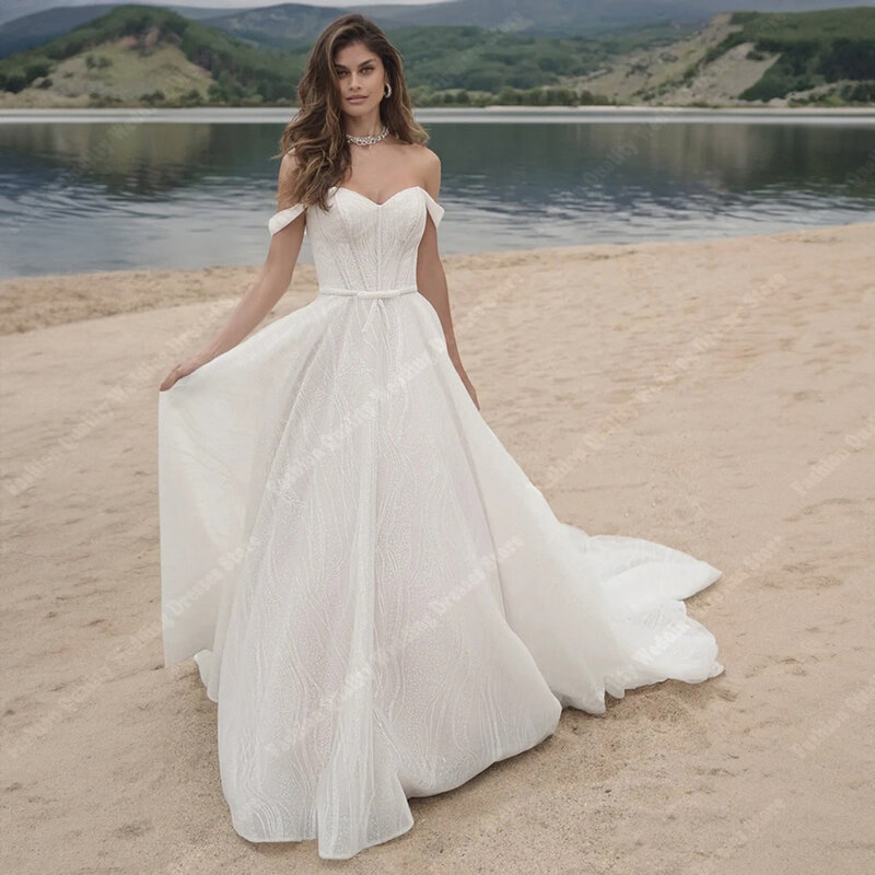 Gaun pernikahan gading Fashion gaun pengantin panjang sebaris A tanpa punggung sederhana gaun pengantin romantis bahu terbuka putri Vestidos De Novia