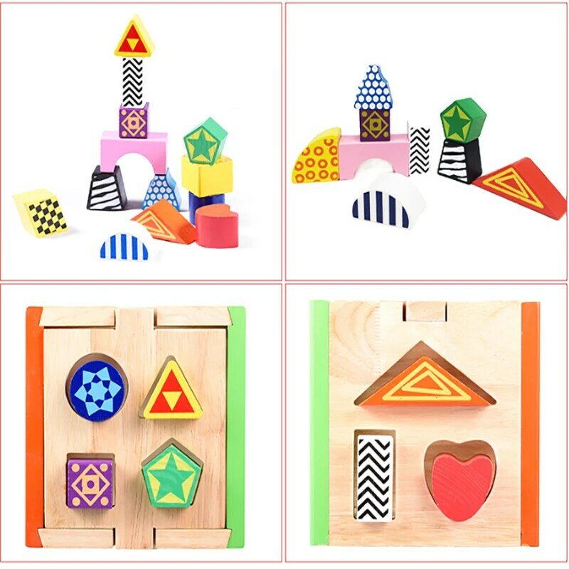 Children Classic Building Wooden Blocks Geometry DIY Creative Bricks Bulk Preschool Education Kids Toys Block Christmas Gift