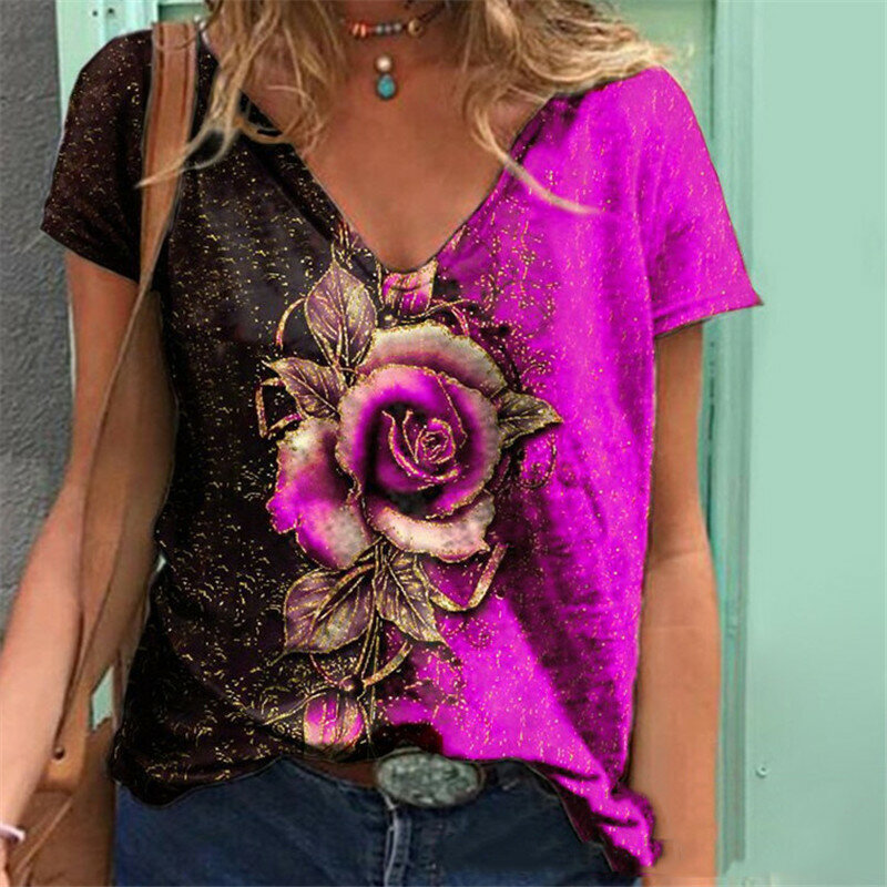 Sommer V-Ausschnitt T-Shirt Street Fashion Trend Kurzarm Blumen druck Halbarm Tops lose bequeme Baumwoll kleidung