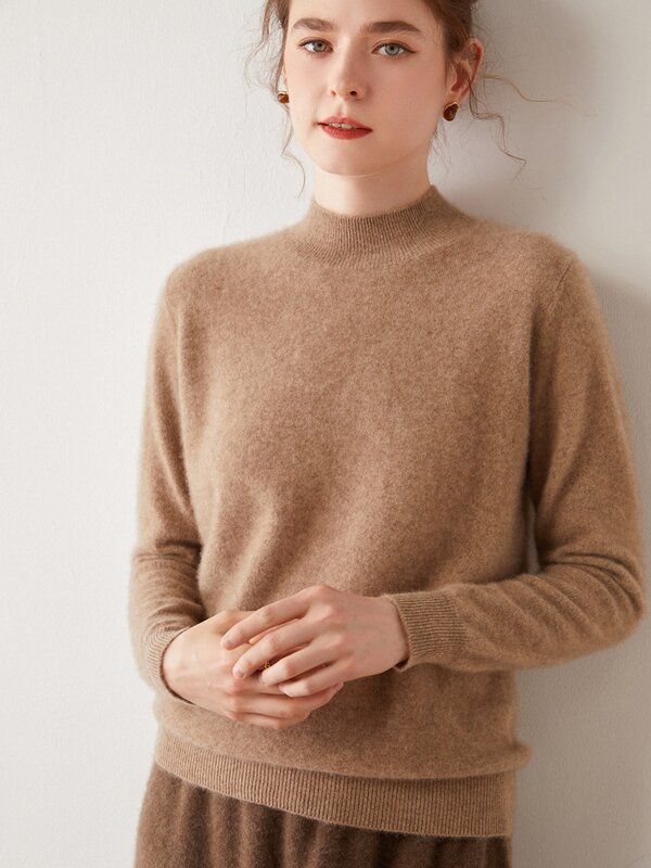 Alisea-Suéter de manga comprida com decote simulado feminino, pulôveres de caxemira 100% puro, tops de malha, roupas novas, outono e inverno