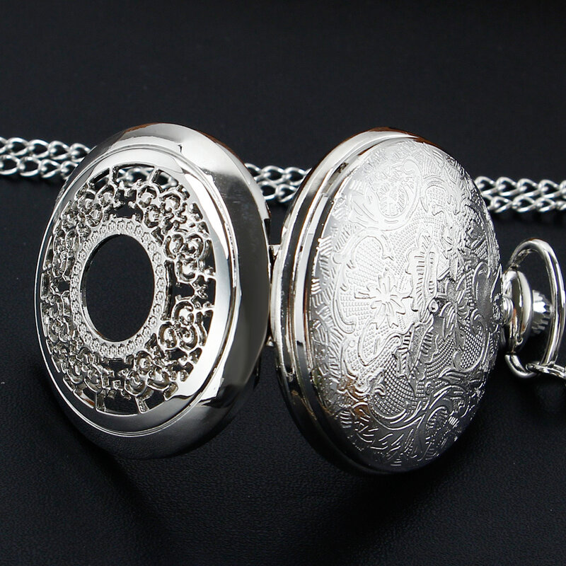 Серебряные кварцевые карманные часы с полым рисунком на цепочке