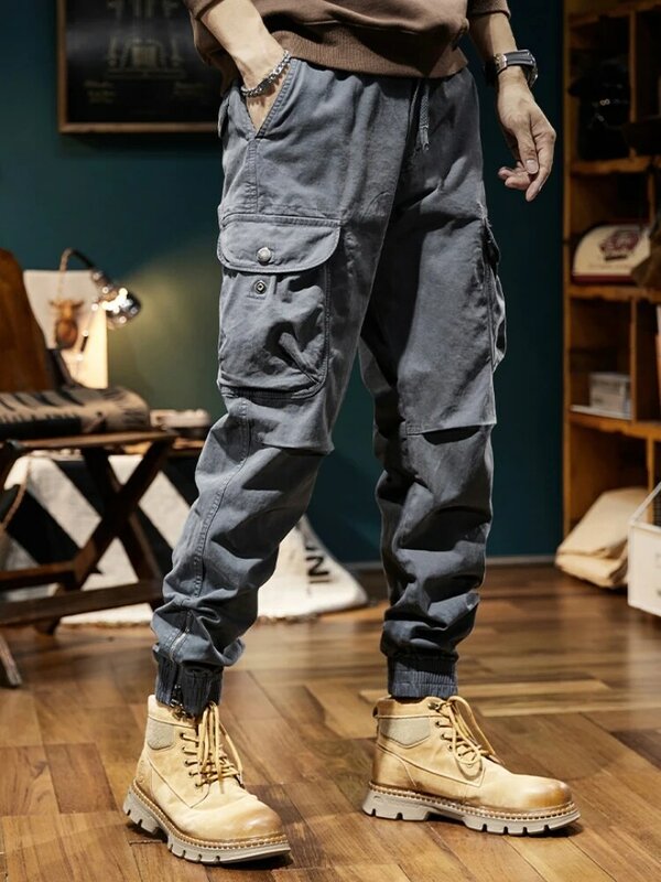 Брюки-карго мужские с несколькими карманами, хлопковые облегающие джоггеры на молнии, повседневные штаны для работы, уличная одежда, весна-лето 2023
