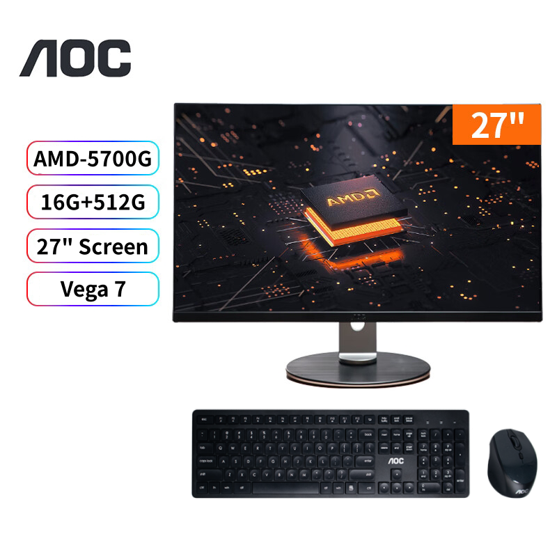 AOC-ordenador todo en uno de 27 pulgadas, ordenador de escritorio con AMD de 5700G + 16G + 512G, con ajuste AIO para juegos en casa y oficina