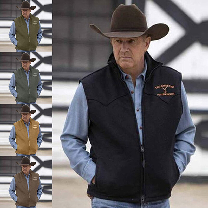 Gilet da uomo giacca Yellowstone con risvolto marrone stampa gilet con cerniera Slim Fit per abbigliamento Casual da esterno maschile quotidiano