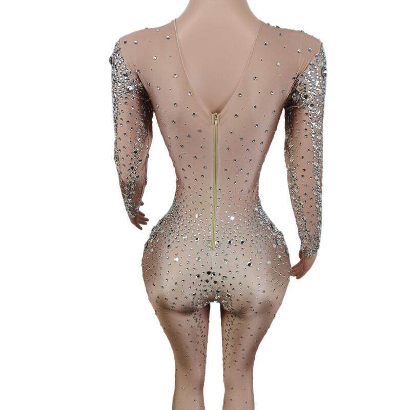 Crystals Pole Dancing Nude Spandex Unitard Women Jumpsuits Lead Dance Women Costumes Fashion Tight Birthday Party Rompers