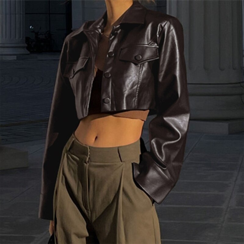 Jaket Kulit Imitasi Wanita, Pakaian Luar Pengendara Sepeda Motor PU Pendek Berkancing Bawah Pakaian Luar Potongan Mantel Ramping