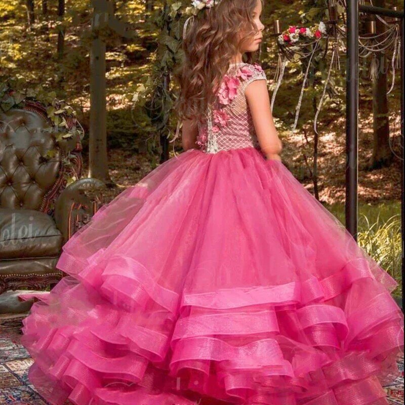 Elegant Layered Flower Girl Dress For Wedding Applique Sleeveless Tulle Puffy Princess Kids First Communion Birthday Ball Gowns