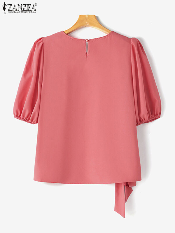 Модная Повседневная однотонная офисная рубашка ZANZEA, летняя блузка с коротким рукавом и шнуровкой, женские элегантные деловые топы, женские блузки 2024