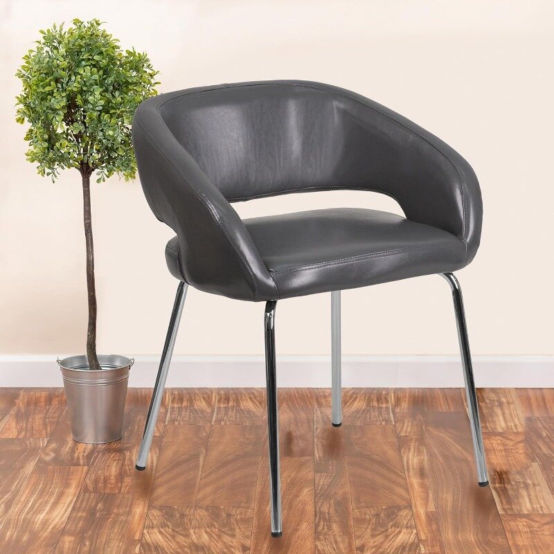Cadeira de recepção lateral macia, couro preto contemporâneo, série Fusion