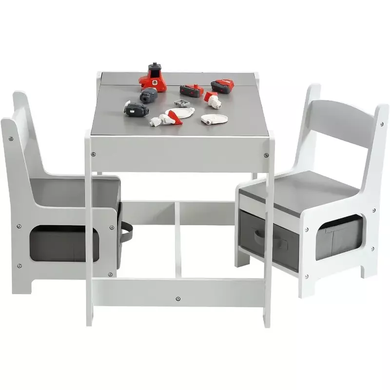 Kids table set, 3-in-1 kids activity table with storage, detachable tabletop, chalkboard, 3-piece toddler furniture set