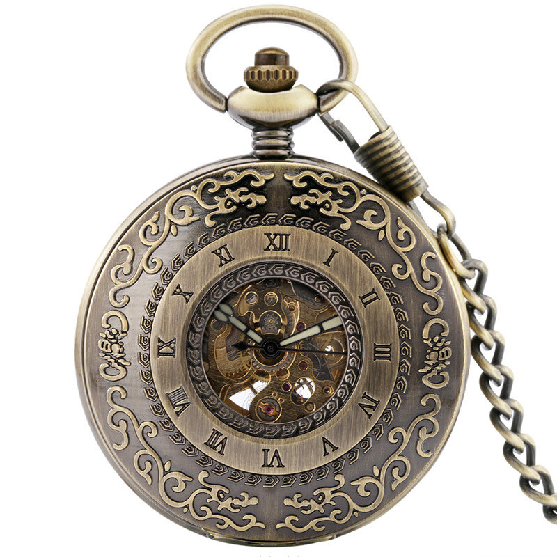 Relógio de bolso Steampunk para homens e mulheres, relógio mecânico automático, corrente FOB de esqueleto, ponteiros luminosos, presente meio caçador, número romano