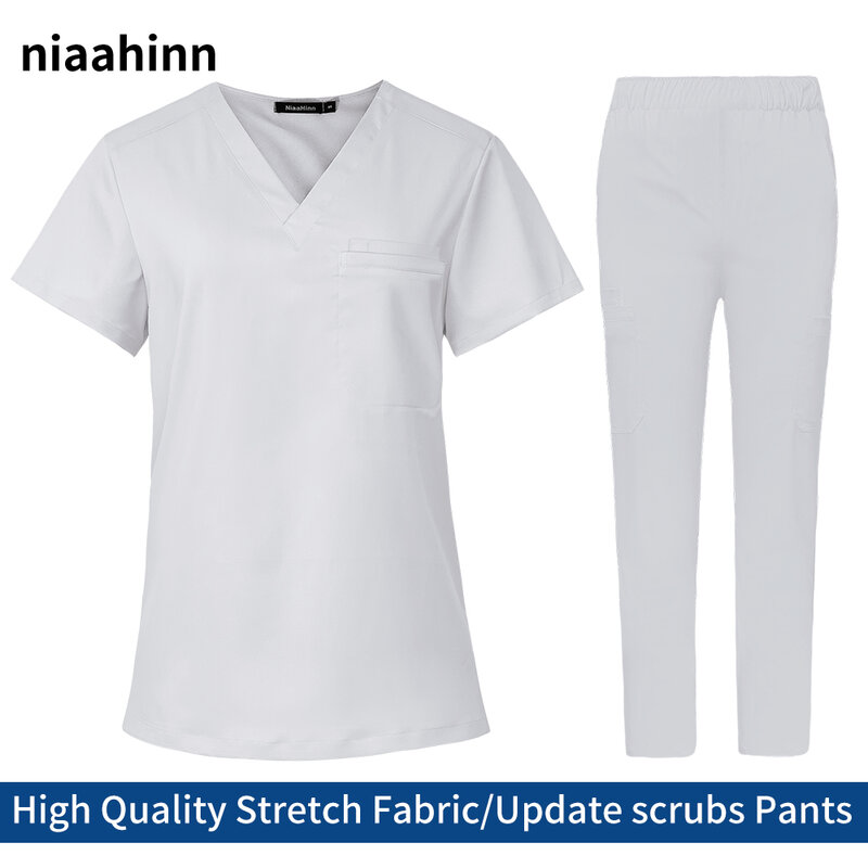 Scrubs zestaw dla kobiet miękkie Stretch mundury Unisex szpital odzież robocza klinika stomatologiczna pielęgniarka mundury pielęgniarki akcesoria do szpitala