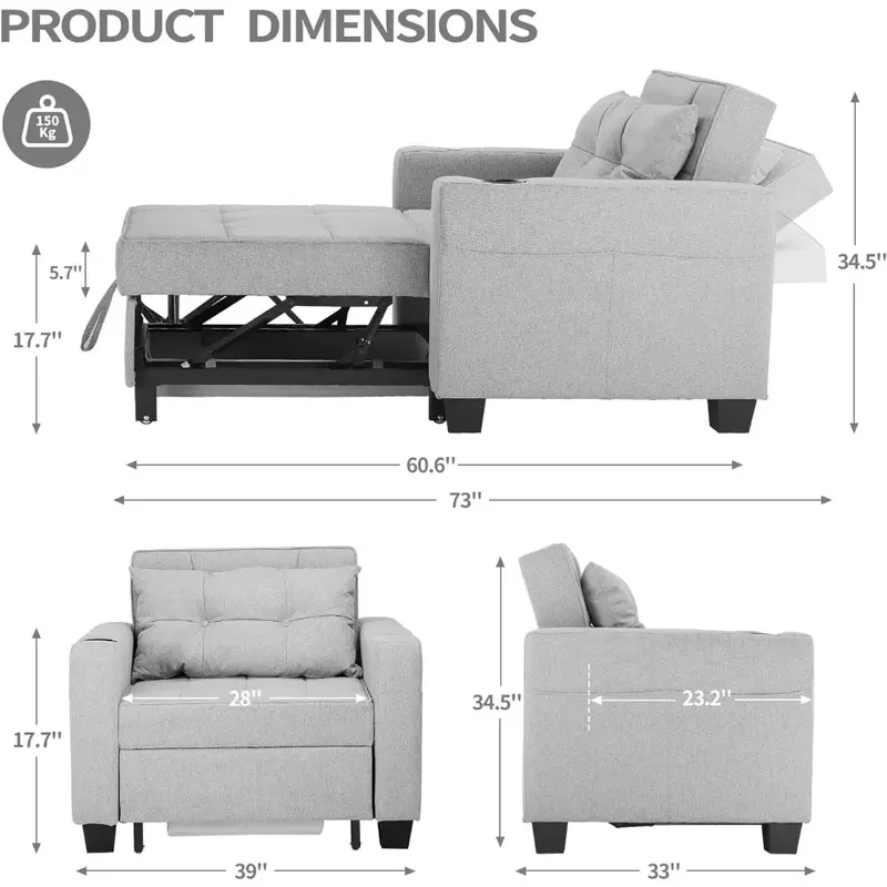 Sofa bed with convertible three in one USB port pull-out bed, living room armchair bed (light gray linen)
