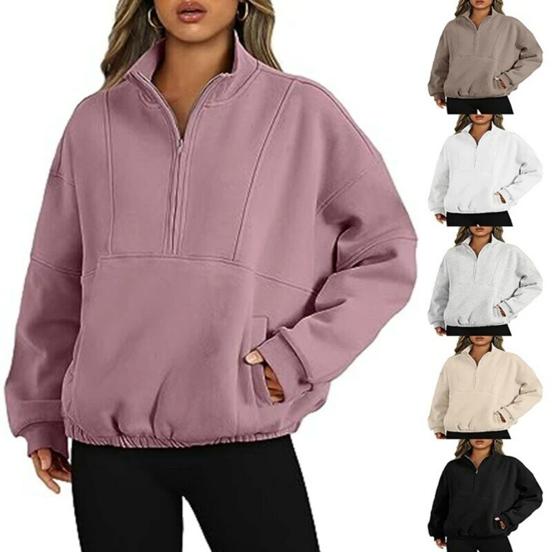 Women's Casual Long Sleeve Zipper Sweatshirt Casual Loose Quarter Pullover Tops Solid Color Oversized Sweatshirts