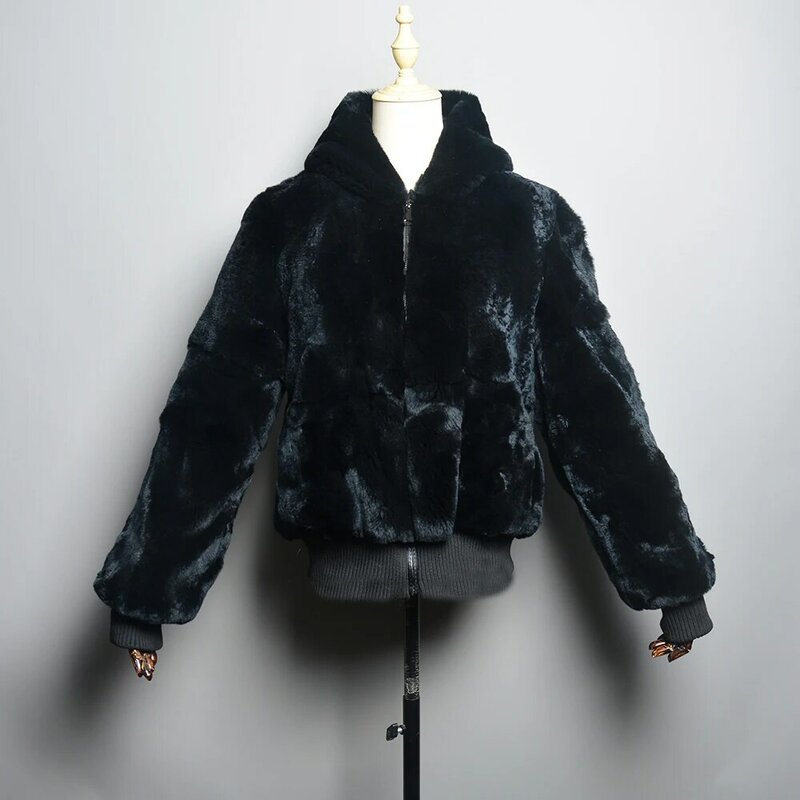 New Whole Fur High Quality Rabbit Fur Jacket Women's Rabbit Fur Coat Natural Whole skin Fur Coat Hooded Fashion Rabbit Fur Coat