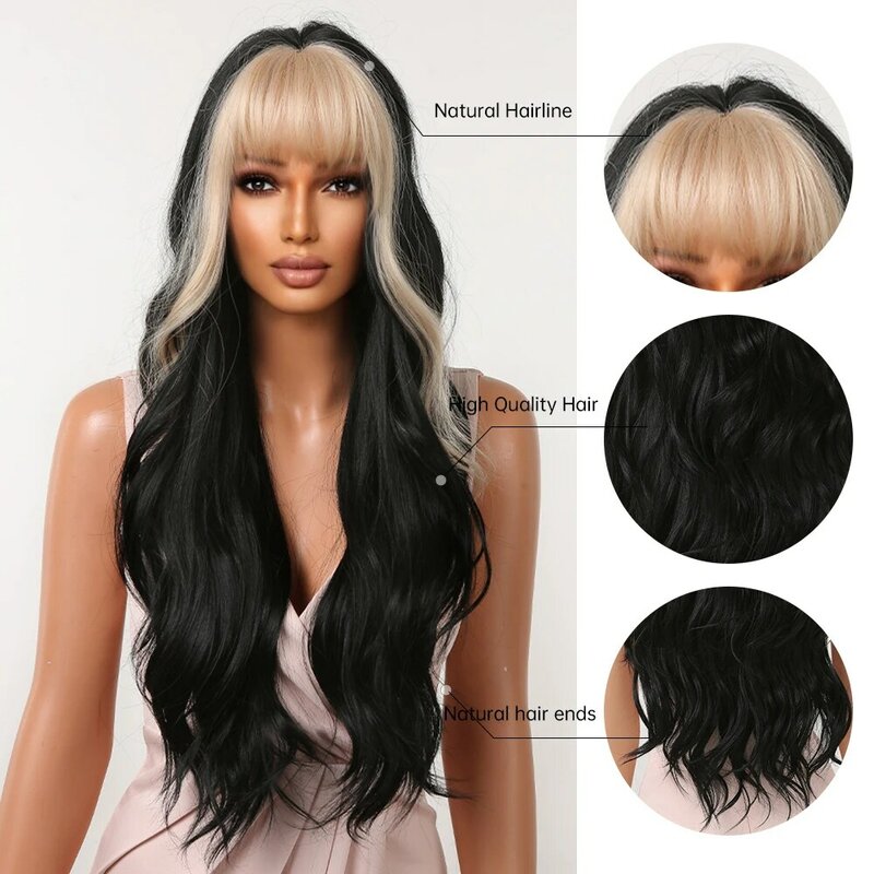 Long Wavy Dark Black Highlight Synthetic Wigs with Blonde Bangs for Black Women Natural Cosplay Body Wave Heat Resistant Hair
