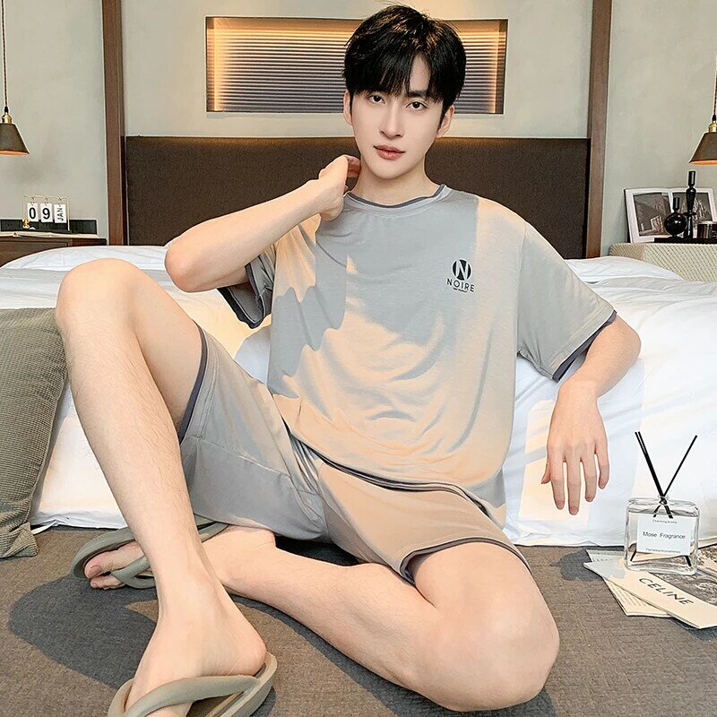 2024 Modal pajamas men's summer suit short sleeved shorts summer ice feeling youth men's home clothing can be worn externally
