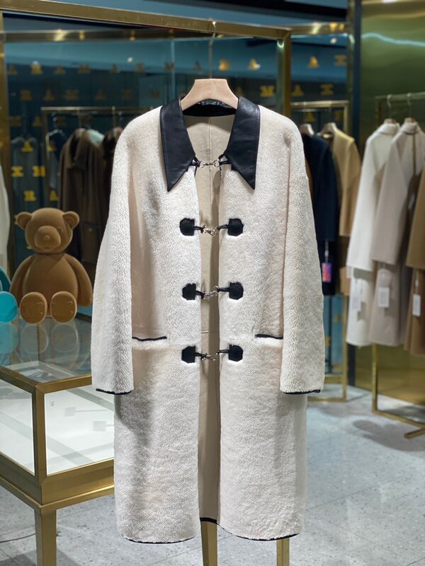 Abrigo largo de piel de doble cara Merina para mujer, ropa de calle elegante, gruesa y cálida, marca de lujo, invierno, 2023