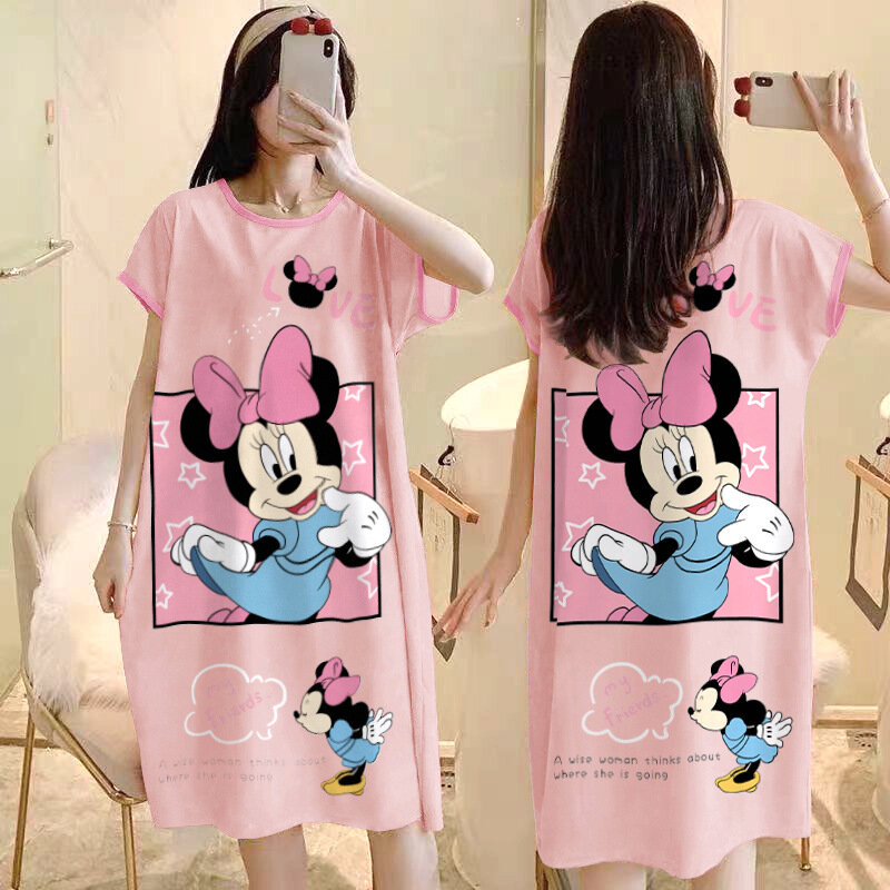 Baju tidur piyama Minnie wanita, pakaian rumah kartun longgar ukuran besar nyaman Disney manis dan lucu musim panas