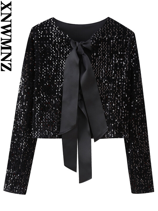 XNWMNZ 여성 패션 2023 타이 프론트 스팽글 재킷, 하이 스트리트 O 넥 긴팔, 넓은 그로스 그레인 리본, 여성 세련된 코트
