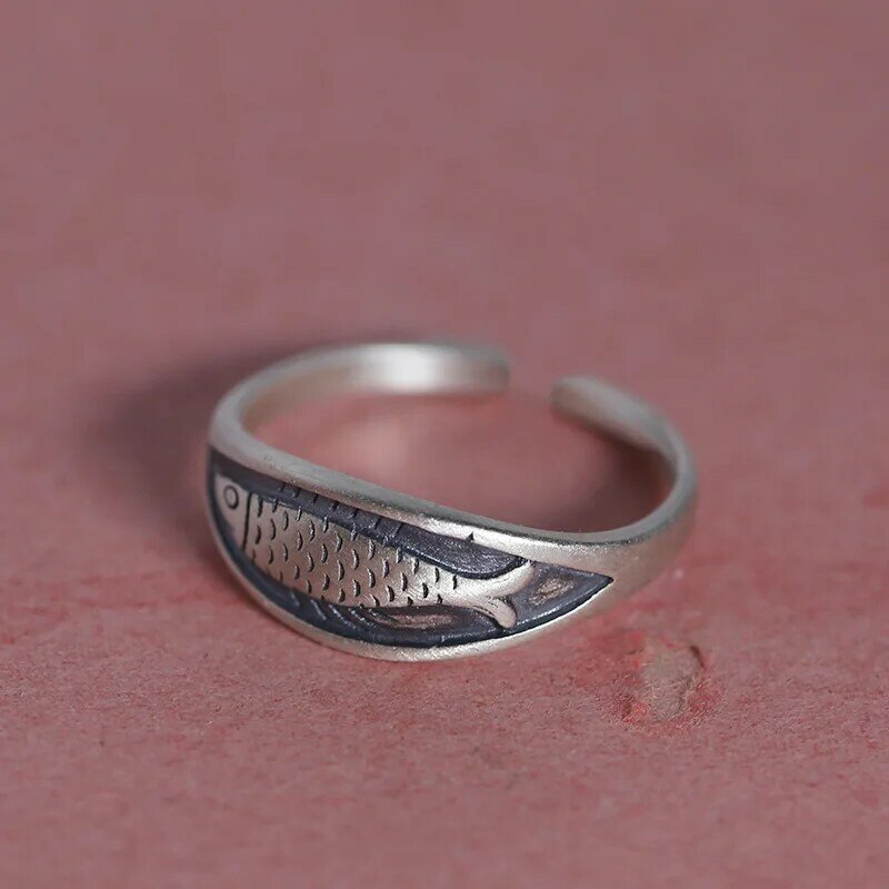 Anelli retrò di pesce unici geometrici in argento Sterling 925 per le donne anello Vintage aperto regolabile bohémien per il regalo di compleanno della festa