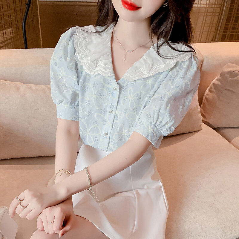 Bloem Borduren Shirts Vrouwen Zomer Tops Peter Pan Kraag Mujer Elegante Stijlvolle Koreaanse Stijl Zoete Mooie Ontwerp Vintage Nieuwe