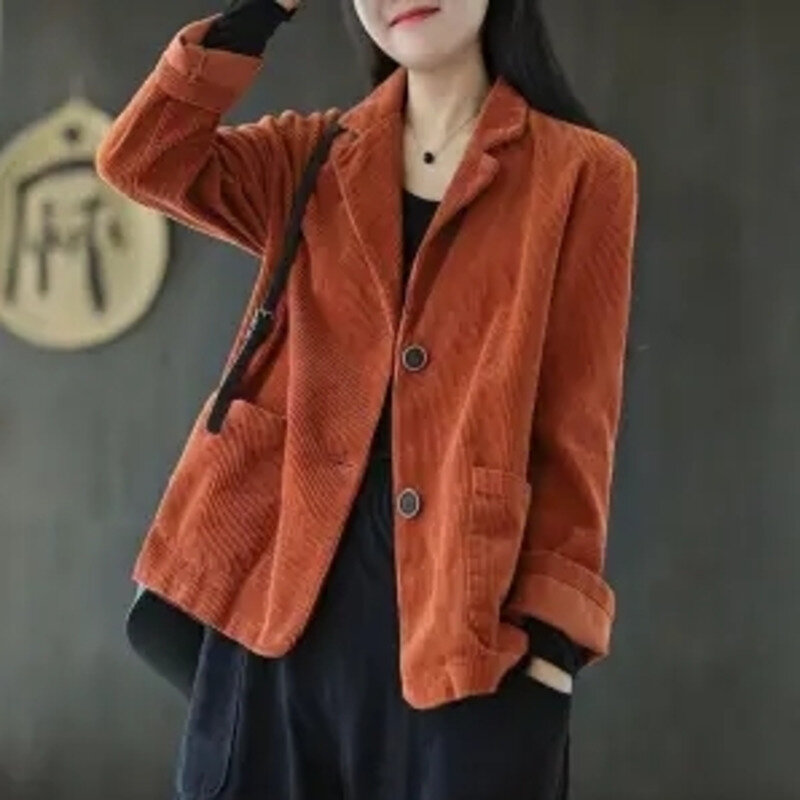Corduroy Suit Collar Solid Color Short Jacket Women's Blazer Spring Autumn Long-sleeve Pocket Retro Casual Jacket Office Coats