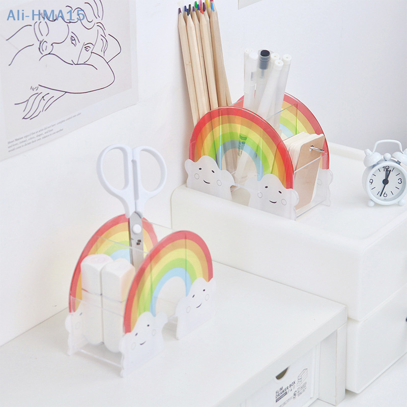 Rainbow White Cloud Acrylic Pencil Holder Multi-Compartment Pencil Case Kids Desktop Stationery Organizer For School Office