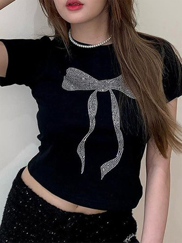 Chemise à imprimé graphique Y2K pour femmes, nœud en biscuits mignon, pull à la mode, t-shirts pour filles, vêtements esthétiques