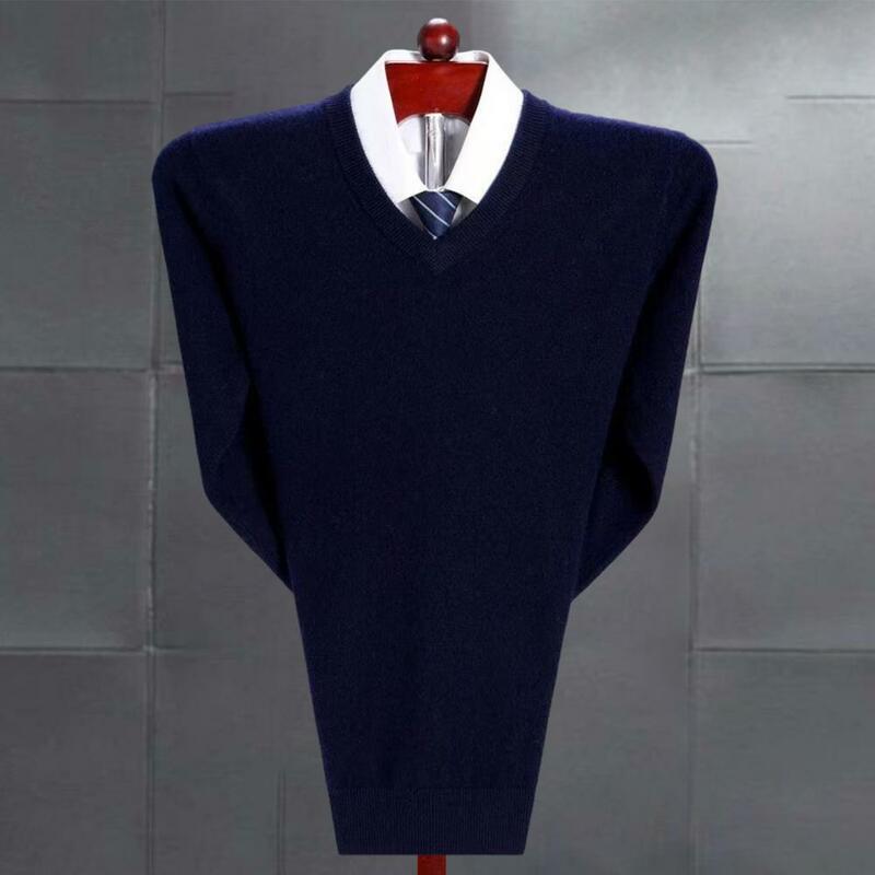 Comfortable Base Layer Shirt Men's V Neck Solid Color Knitted Sweater Fall Winter Thick Pullover Soft Elastic Mid Length Sweater