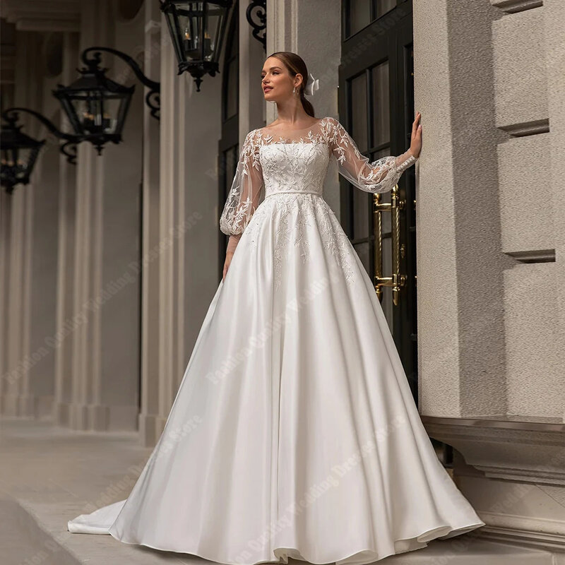 아름다운 레이스 프린팅 레이디 웨딩 드레스, 거즈 긴팔, 빈티지 신부 가운, 반짝이는 원단 데칼 디자인