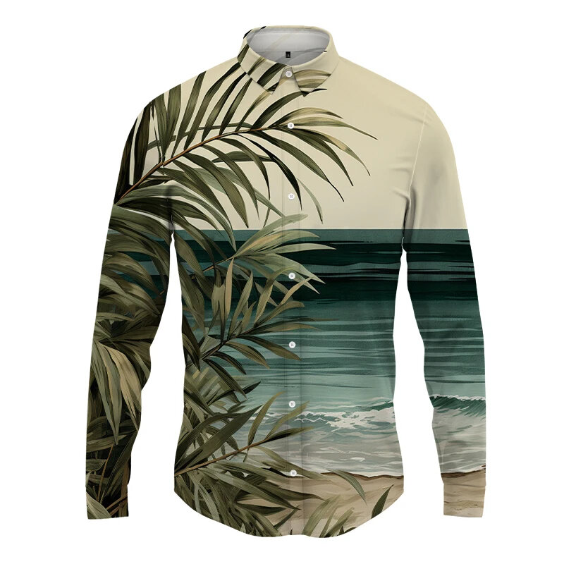 Camisa havaiana de manga comprida masculina, blusa de praia, roupas masculinas, blusas vocacional, moda streetwear, nova moda