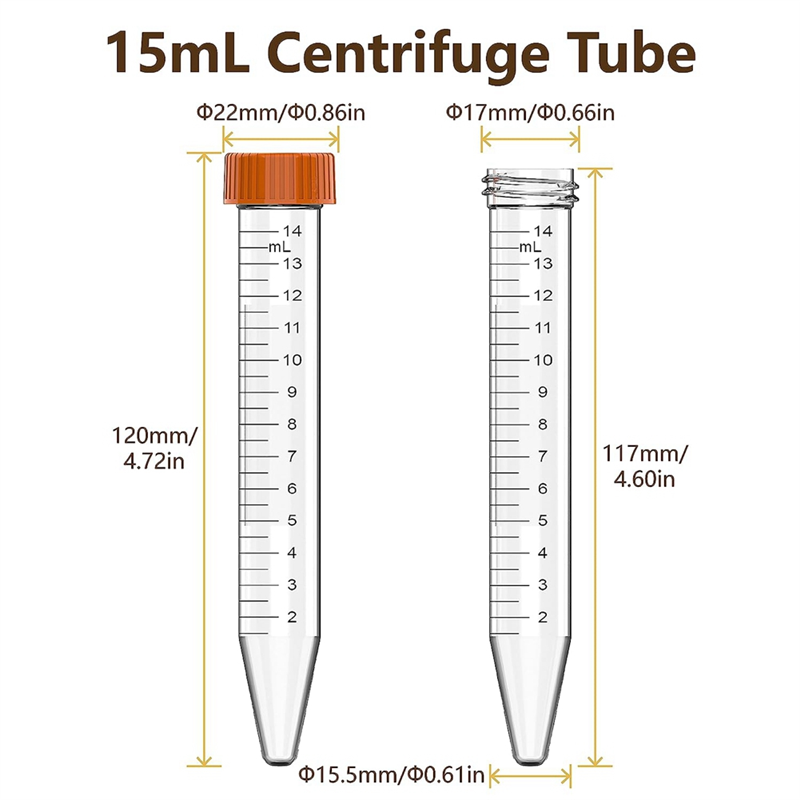 Tube à centrifuger conique avec bouchons à vis anti-fuite, tubes stériles, 15ml, 25 pièces
