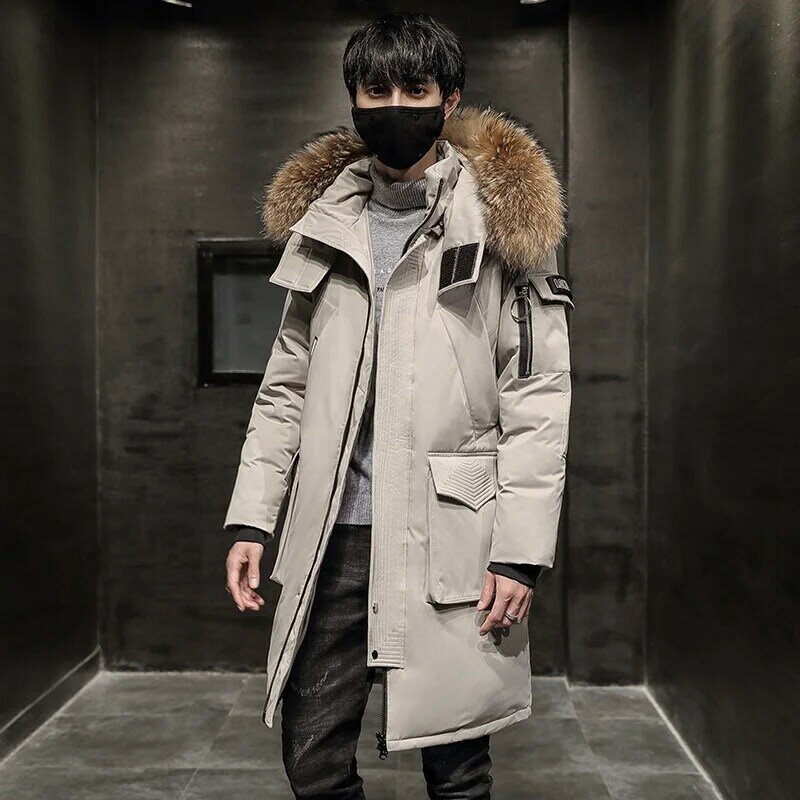 Jaket panjang bertudung pria, jaket tebal kerah bulu rubah asli, mantel Parka panjang hangat Mode Musim Dingin 2023