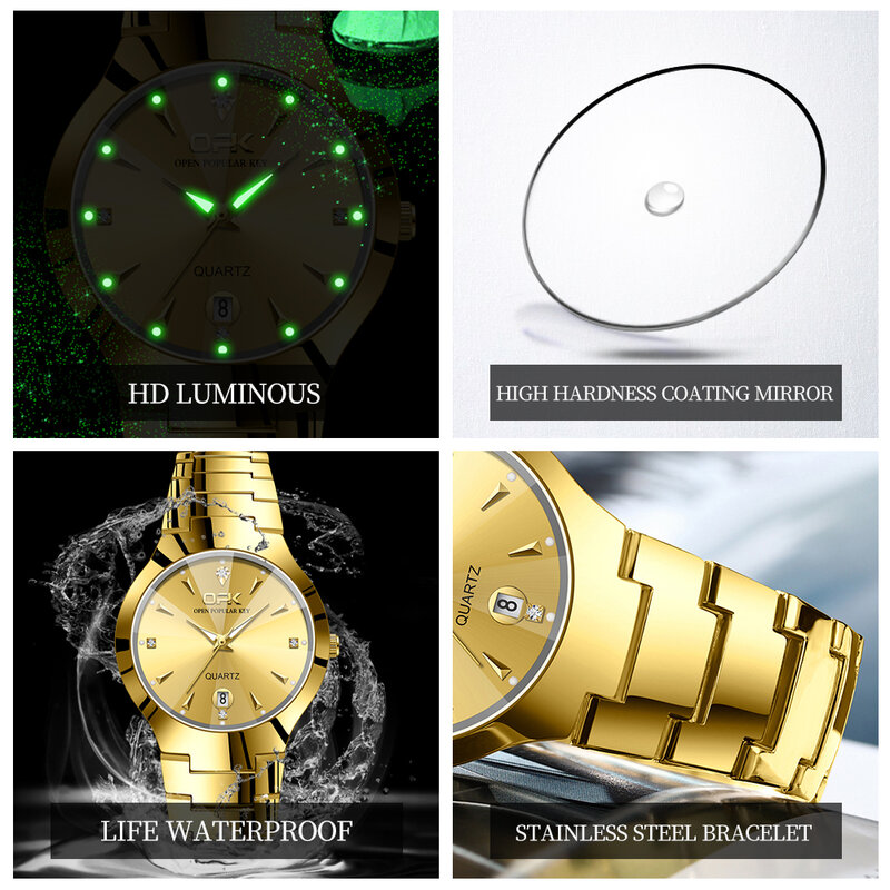 OPK-Relógio Quartz em Aço de Tungstênio Masculino e Feminino, Todo Dourado, Impermeável, Luxo, Elegante, Data, Semana, Casal, Fashion