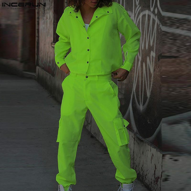 INCERUN-Conjunto de ropa de calle para hombre, corta Camisa de manga larga con solapa, pantalones, trajes informales de dos piezas, S-5XL, 2024