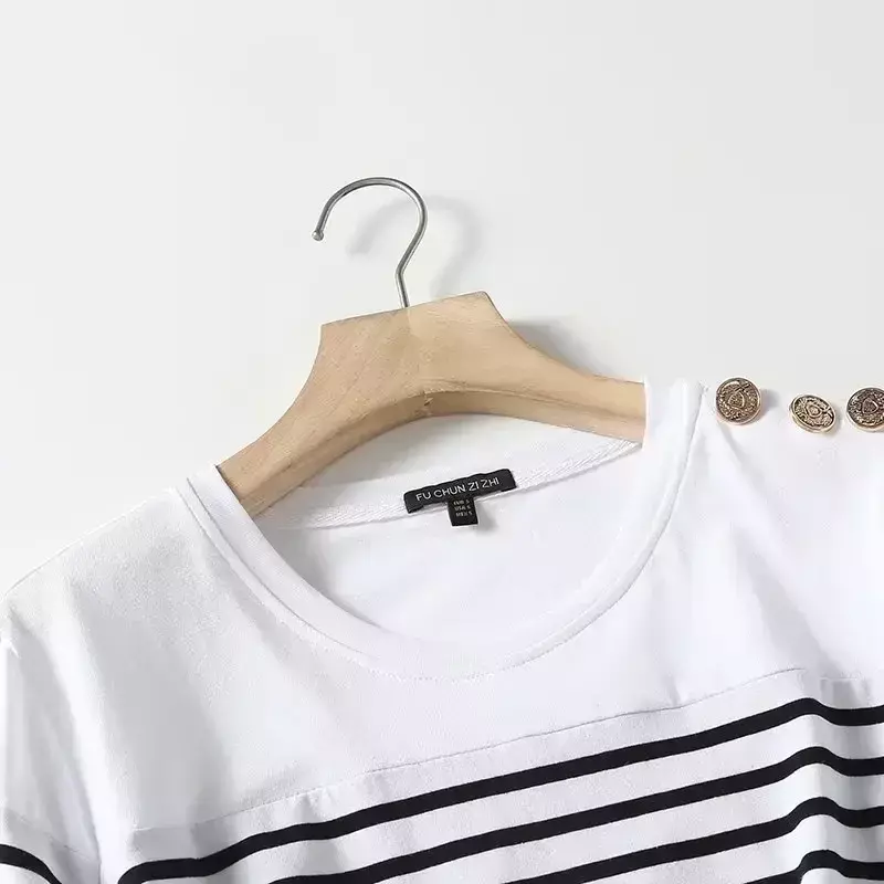 Ladies 2023 Casual Fashion Shoulder Exquisite Button Design Classic Striped T-shirt O-neck Short-sleeved T-shirt Loose Top