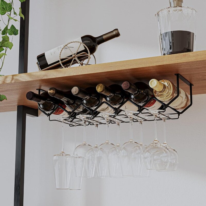 Wallniture Piccola rak bawah lemari anggur & tempat gelas, organisasi dapur dengan 6 Organizer botol hitam logam