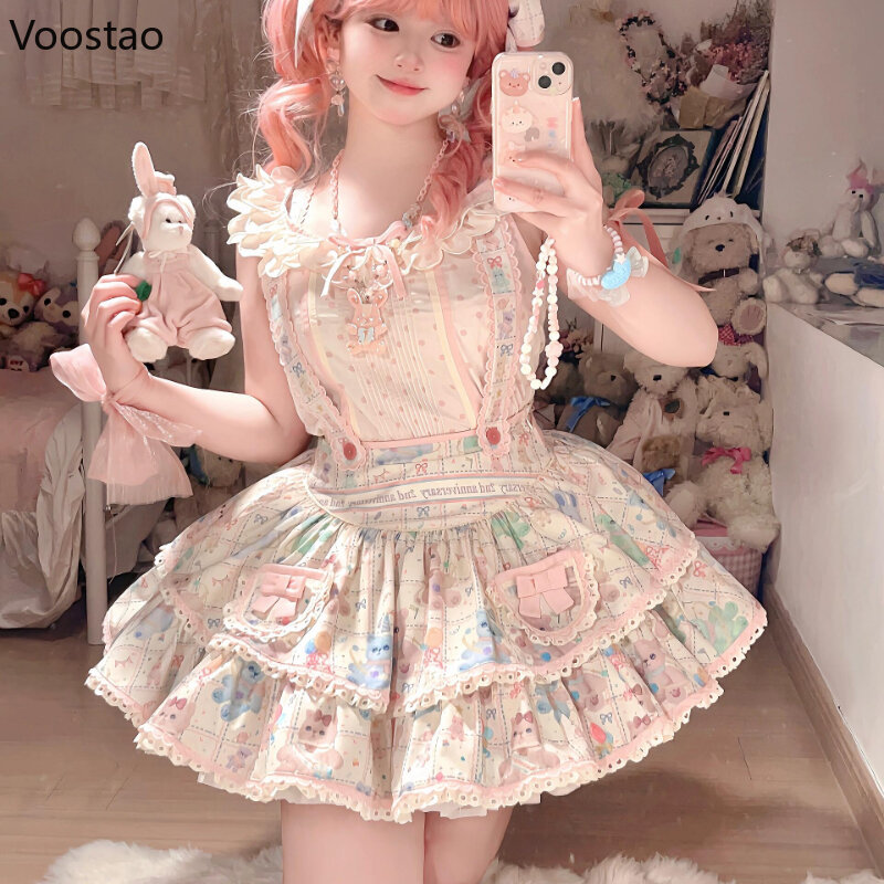 Japanse Stijl Kawaii Lolita 2 Delige Set Vrouwen Zoete Kanten Ruches Blouse Cartoon Print Mini Rokken Meisjes Koreaanse Mode Y 2K Pak