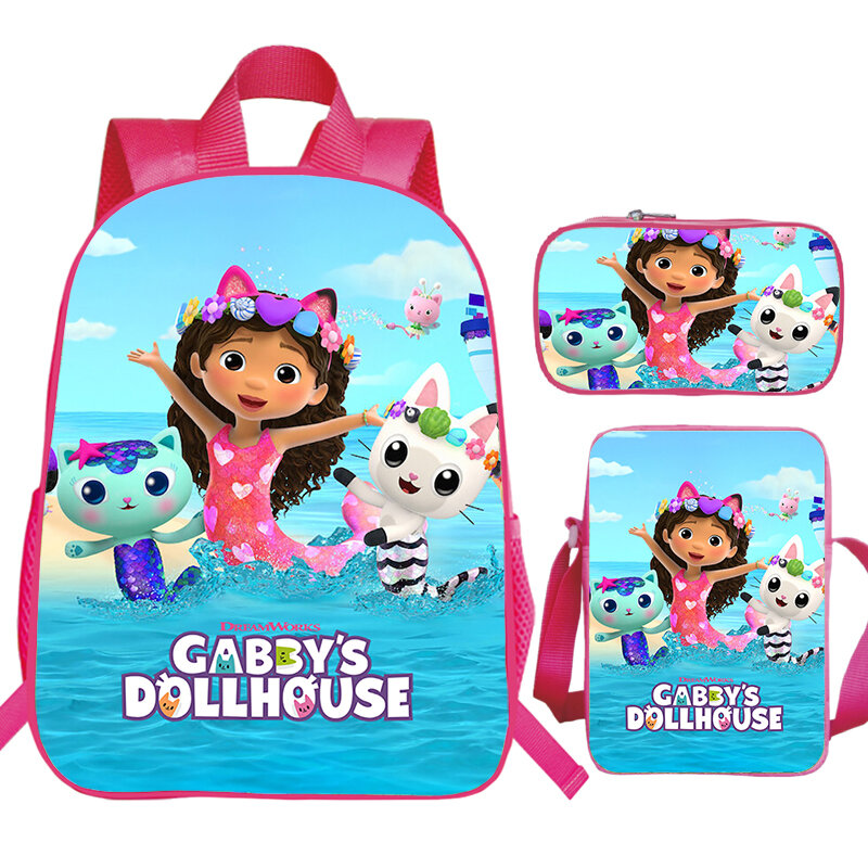 Gabby's Dollhouse Print Backpack Set para crianças, mochilas escolares impermeáveis, bonito Bookbag, Kindergarten Bag, pré-escolar Kids, 3pcs