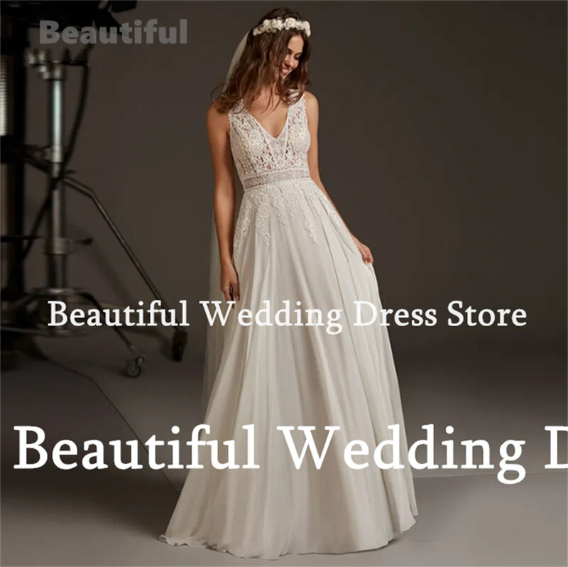 Vestidos de novia 2024  Boho V-Neck Sleeveless Lace Appliques Wedding Dress A-Line Chiffon Floor-Length New Wedding Party Dress