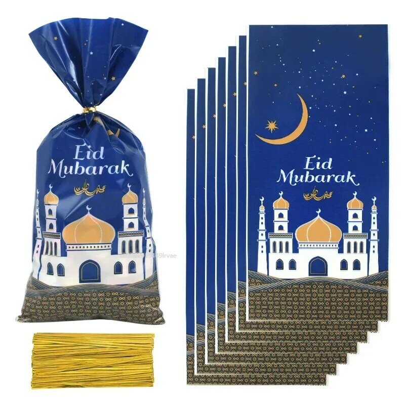 25/50pcs 2023 Eid Mubarak torby na prezenty plastikowe cukierki torba na ciasteczka Ramadan Kareem Decor islamski muzułmanin zaopatrzenie firm Eid torby na prezenty