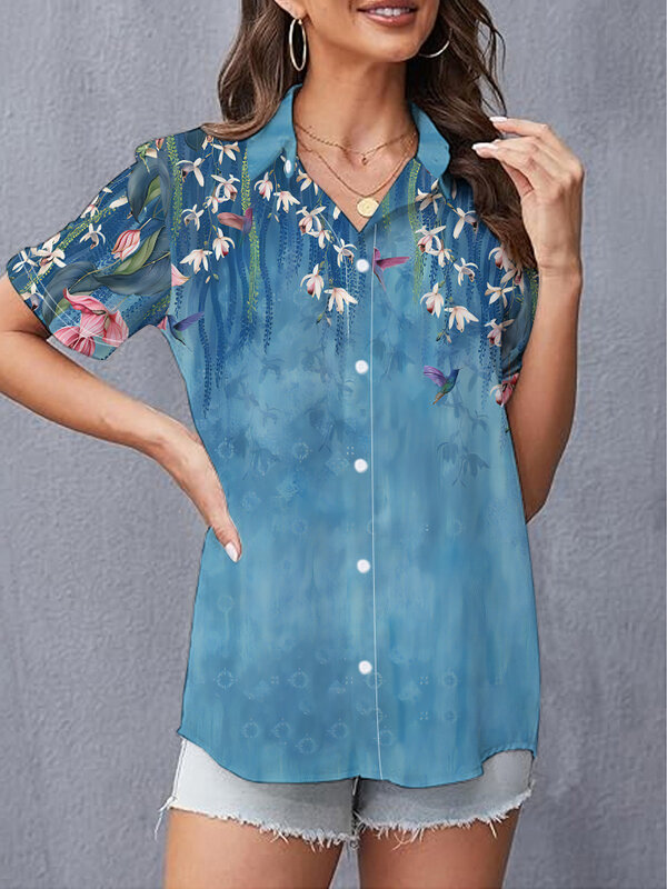 Camisa de impressão digital 3D feminina, manga curta, flores brilhantes, elegante e bonita, verão