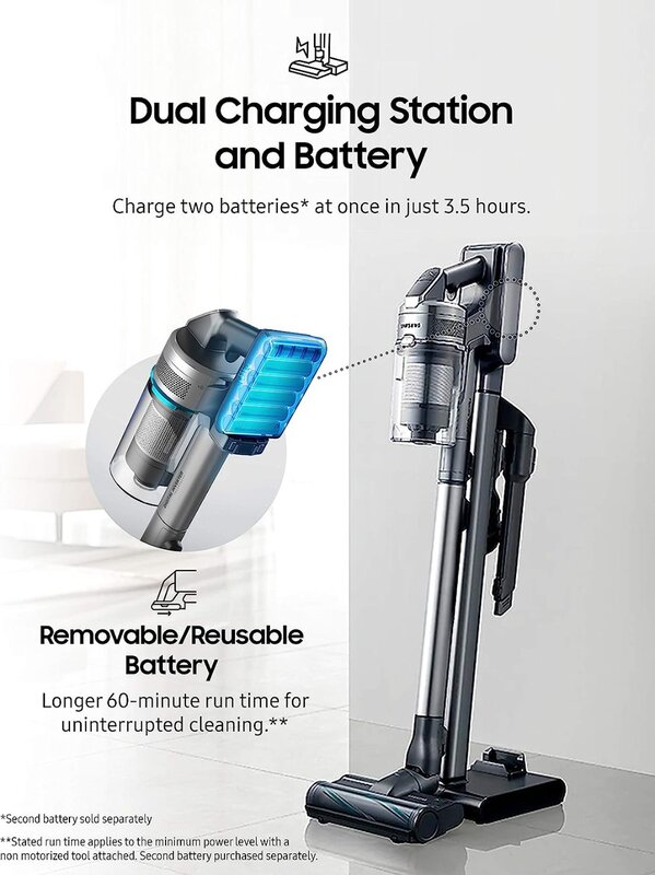 Samsung Jet 90 Cordless Stick Vacuum, Bateria de longa duração, 200 watts de ar de sucção, Completo com tubo telescópico