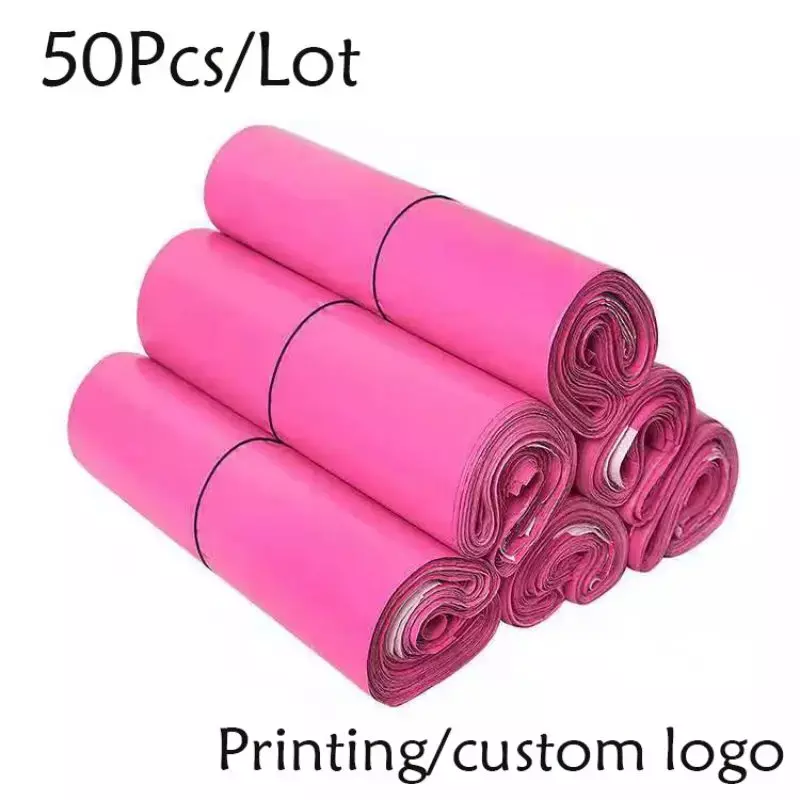 PE plástico Self-Seal Mailbag, luz rosa poli Envelope, impermeável Postal Courier Bags, Pacote de entrega Packag, 50Pcs, Lotes